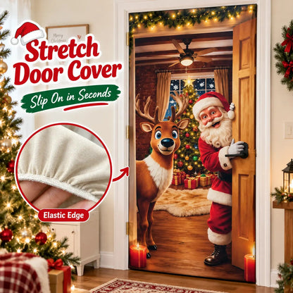 Christmas Door Cover - Stretch Fit Santa & Reindeer Door Decoration with 4-Side Elastic Edges🎅 - image 1