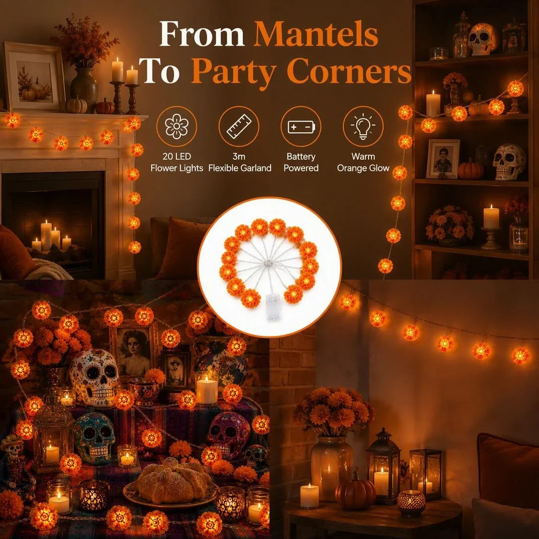 🎁Marigold LED Memorial String Lights – 20 Glowing Flowers for Ofrendas & Remembrance