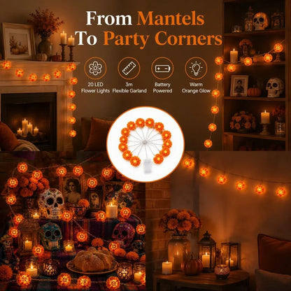 🎁Marigold LED Memorial String Lights – 20 Glowing Flowers for Ofrendas & Remembrance