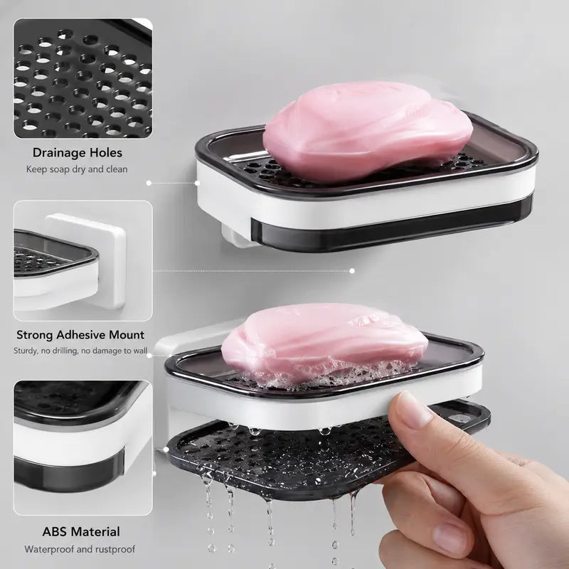 Wall-Mounted Double Soap Holder with Drain Tray – No-Drill Bathroom Organizer