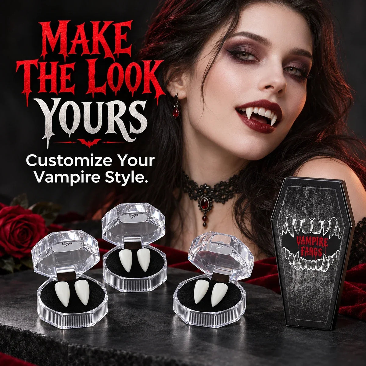 🦇 Your Vampire Look: 4-Size Ivory Fangs Kit & Coffin Box