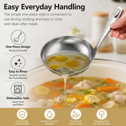 🍲 Food-Grade Stainless Steel Broth Ladle with Built-In Oil Strainer