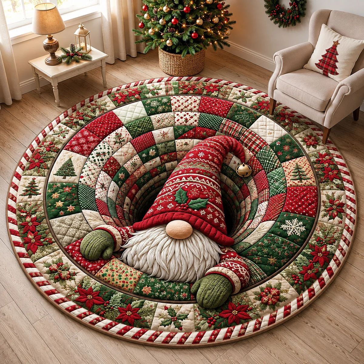 💯🎄3D Christmas Gnome Optical Illusion Round Rug | Fun Festive Home Decor Must‑Have⭐🏠🎁
