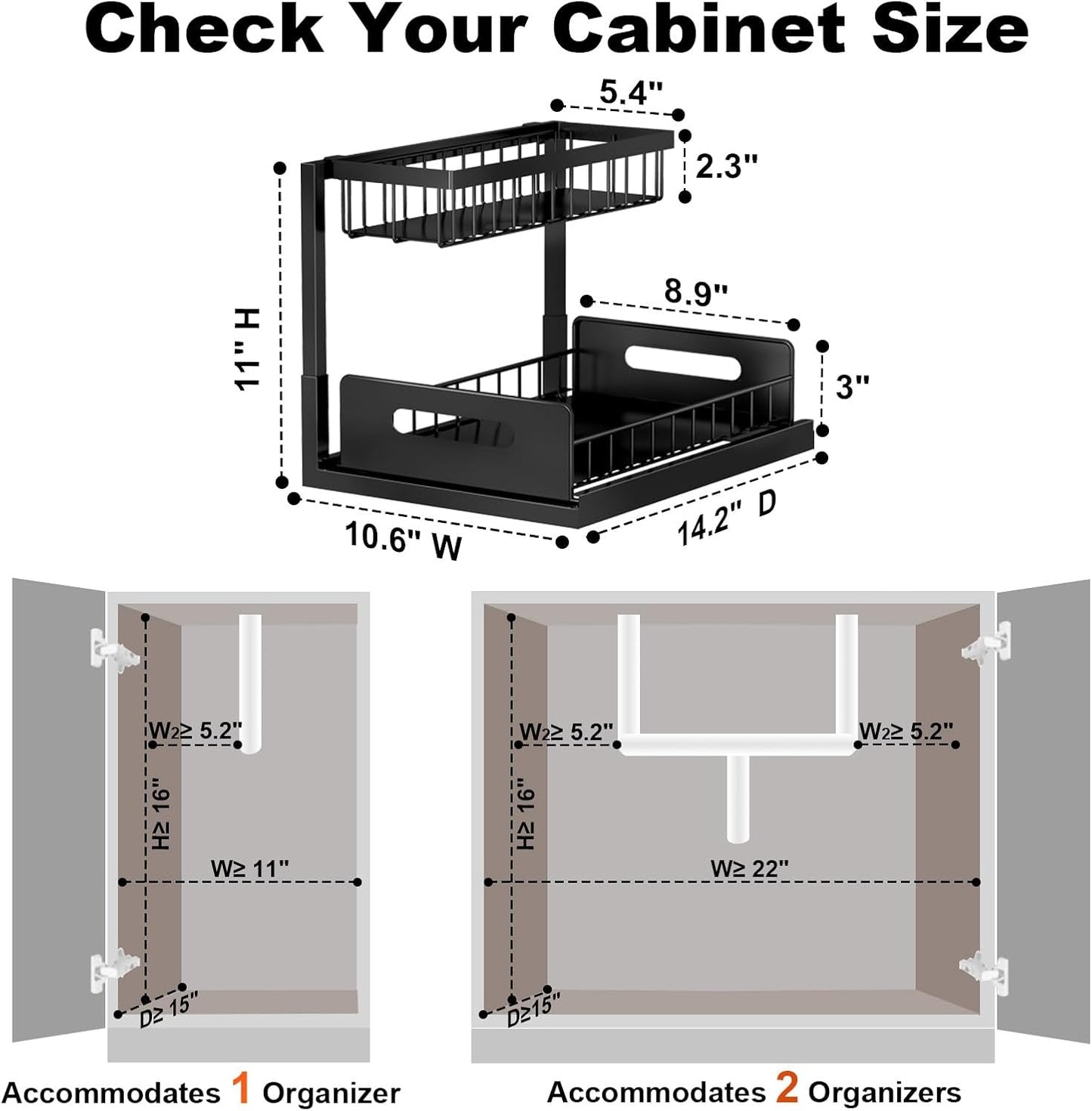 Under Sink Organizer | L-Shaped Double Drawer Cabinet Shelf, Fits Around Pipes, Holds Up to 50 lbs