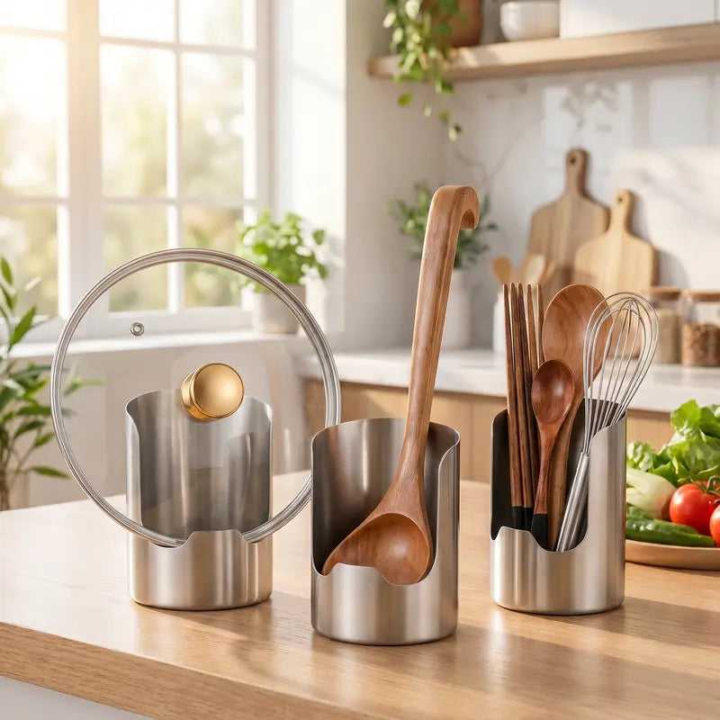 Stainless Steel Utensil Holder & Pot Lid Organizer – Rust-Proof, Drain Notch Design, Easy to Clean