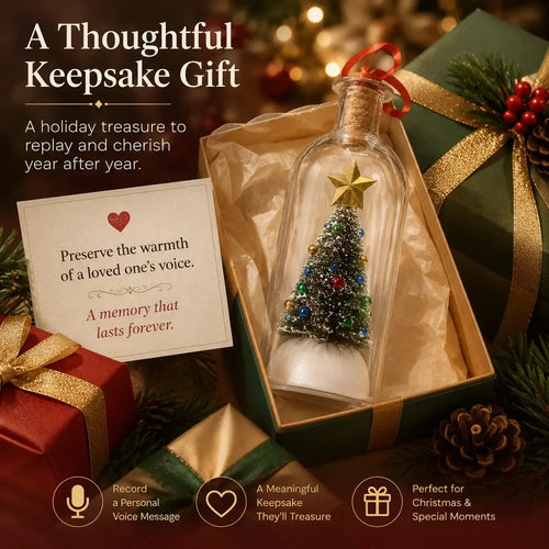 Recordable Christmas Message in a Bottle Ornament 8 Inch Voice Recording Holiday Keepsake with Playback Snowy Christmas Tree Scene Glass Bottle Decoration for Tree Home and Gift