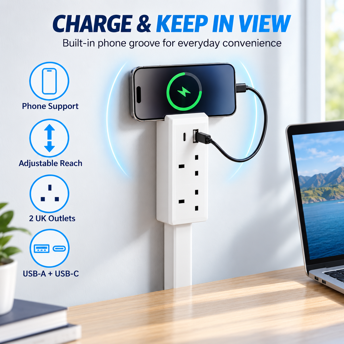 🔌 Extendable Outlet Extender with Rotating Base & USB-A/USB-C Charging