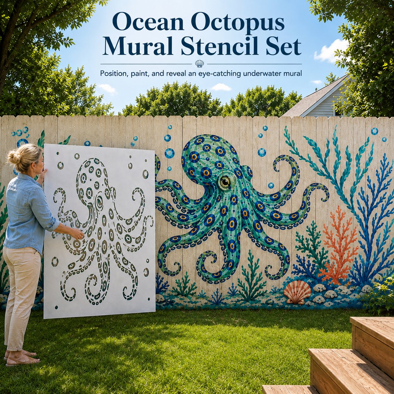 🔥 LAST DAY 49% OFF – 🐙Reusable Ocean Octopus Mural Stencil Set | Bring Plain Walls & Fences to Life with a Bold Underwater Scene 🌊🎨✨