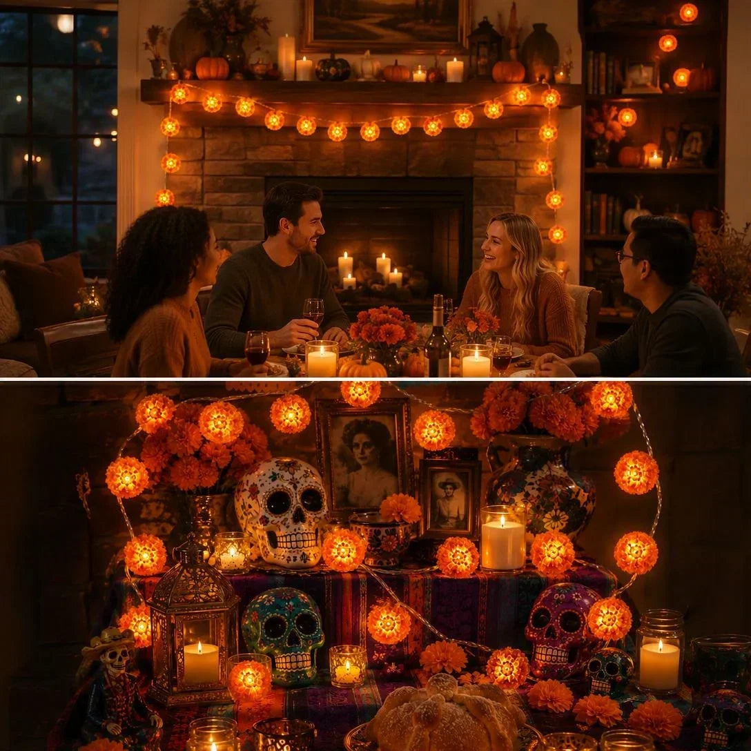 🎁Marigold LED Memorial String Lights – 20 Glowing Flowers for Ofrendas & Remembrance