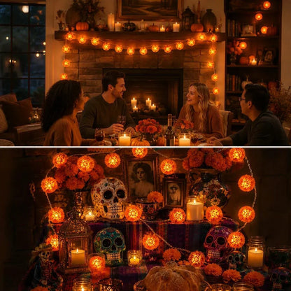 🎁Marigold LED Memorial String Lights – 20 Glowing Flowers for Ofrendas & Remembrance