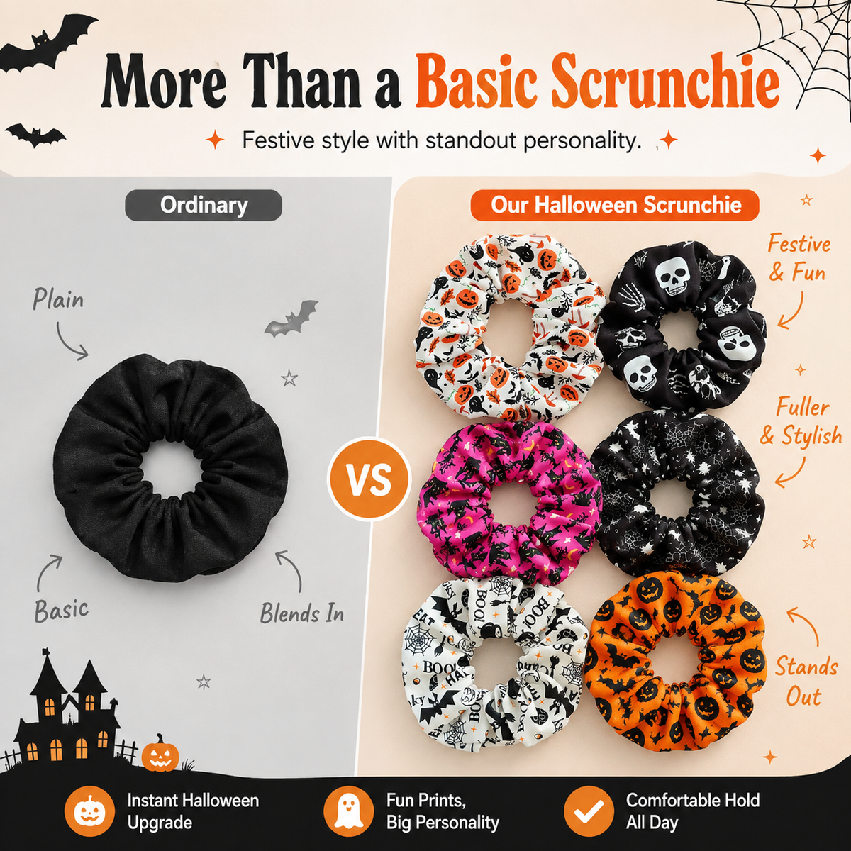 🎃 Hand-Illustrated Halloween Scrunchie Collection (6pc, Limited Batch)