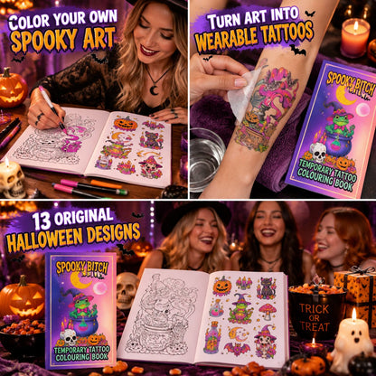 🎃 Spooky Bitch Temporary Tattoo Colouring Book | 13 Witchy Halloween Designs with Colour-Your-Own Pages & Ready-to-Wear Temporary Tattoos 🐸✨