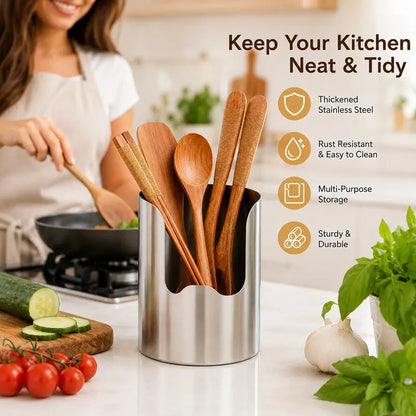 Stainless Steel Utensil Holder & Pot Lid Organizer – Rust-Proof, Drain Notch Design, Easy to Clean
