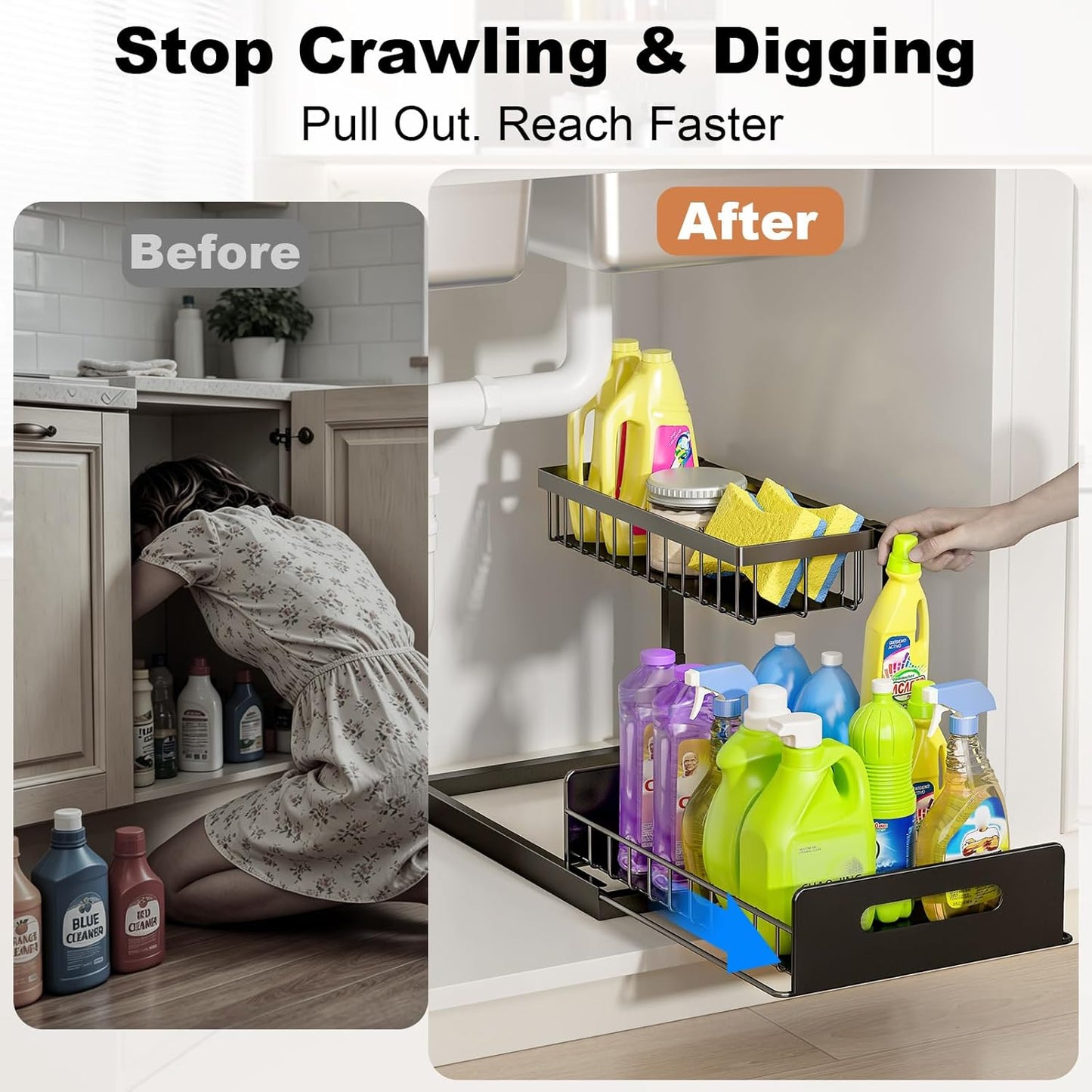 Under Sink Organizer | L-Shaped Double Drawer Cabinet Shelf, Fits Around Pipes, Holds Up to 50 lbs
