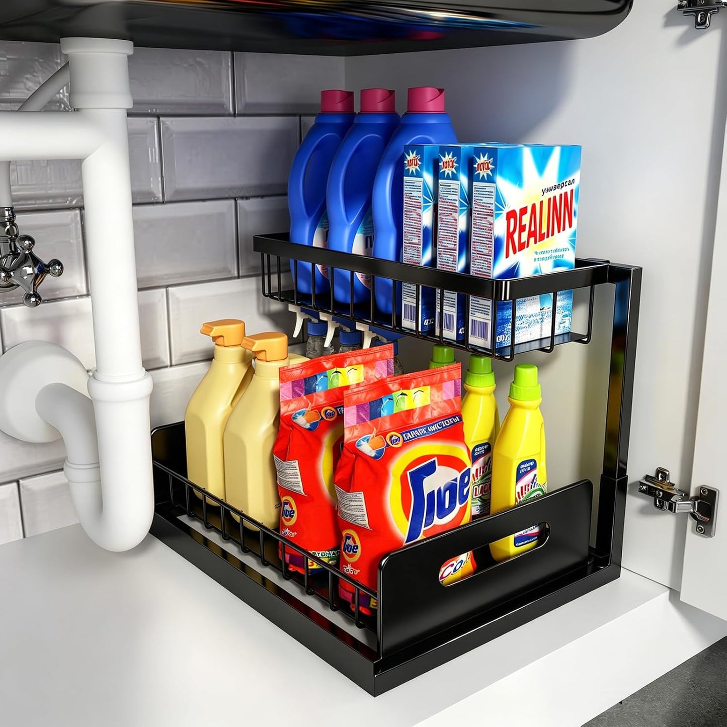 Under Sink Organizer | L-Shaped Double Drawer Cabinet Shelf, Fits Around Pipes, Holds Up to 50 lbs