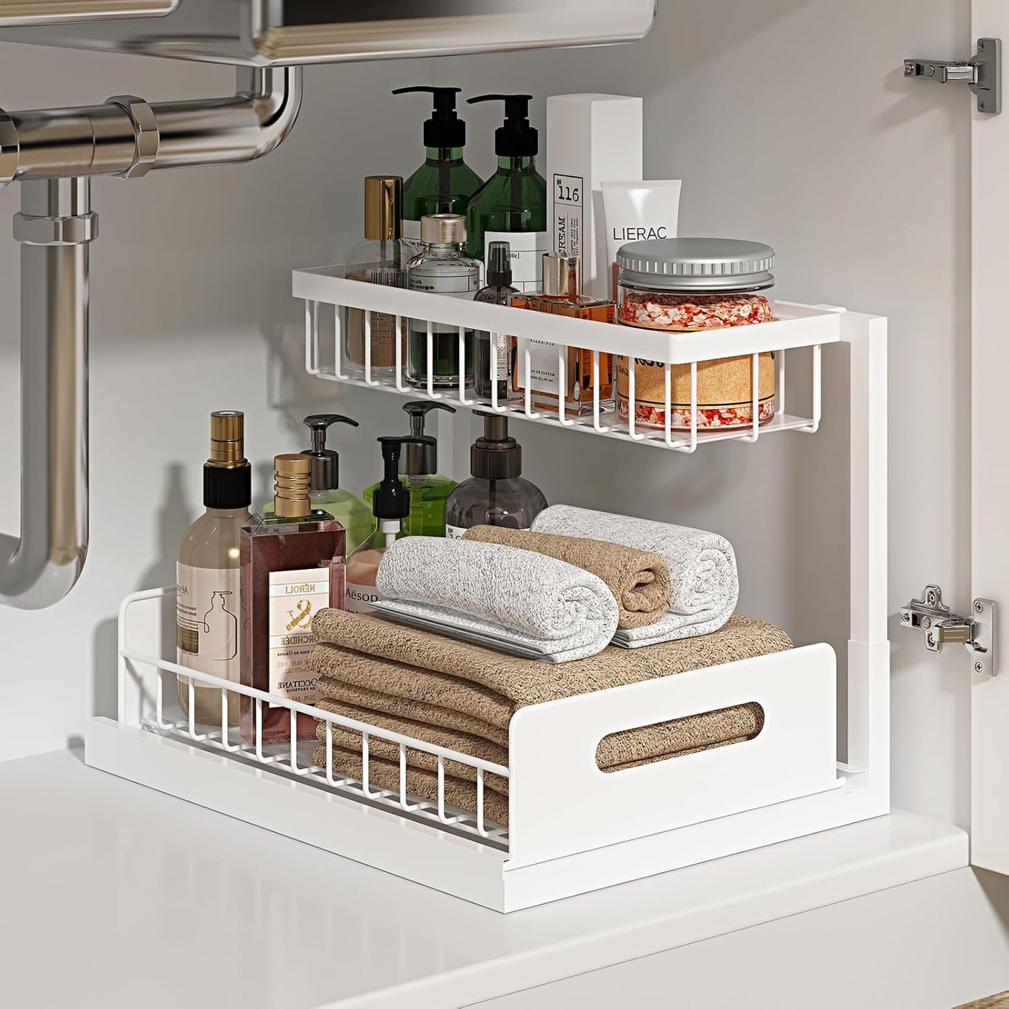 Under Sink Organizer | L-Shaped Double Drawer Cabinet Shelf, Fits Around Pipes, Holds Up to 50 lbs
