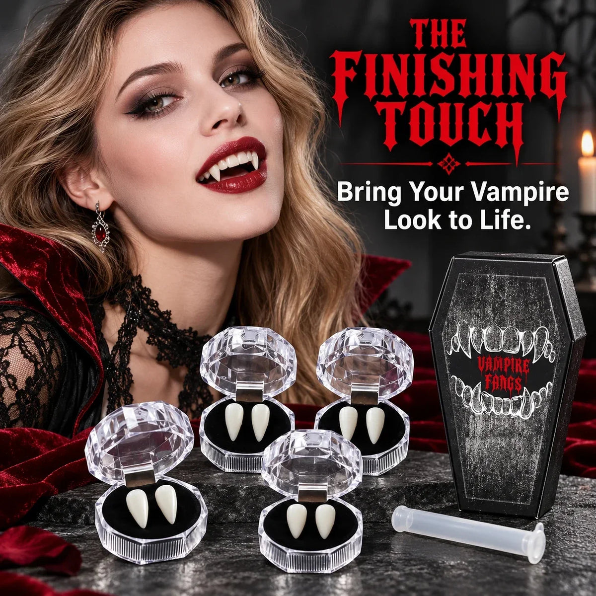 🦇 Your Vampire Look: 4-Size Ivory Fangs Kit & Coffin Box