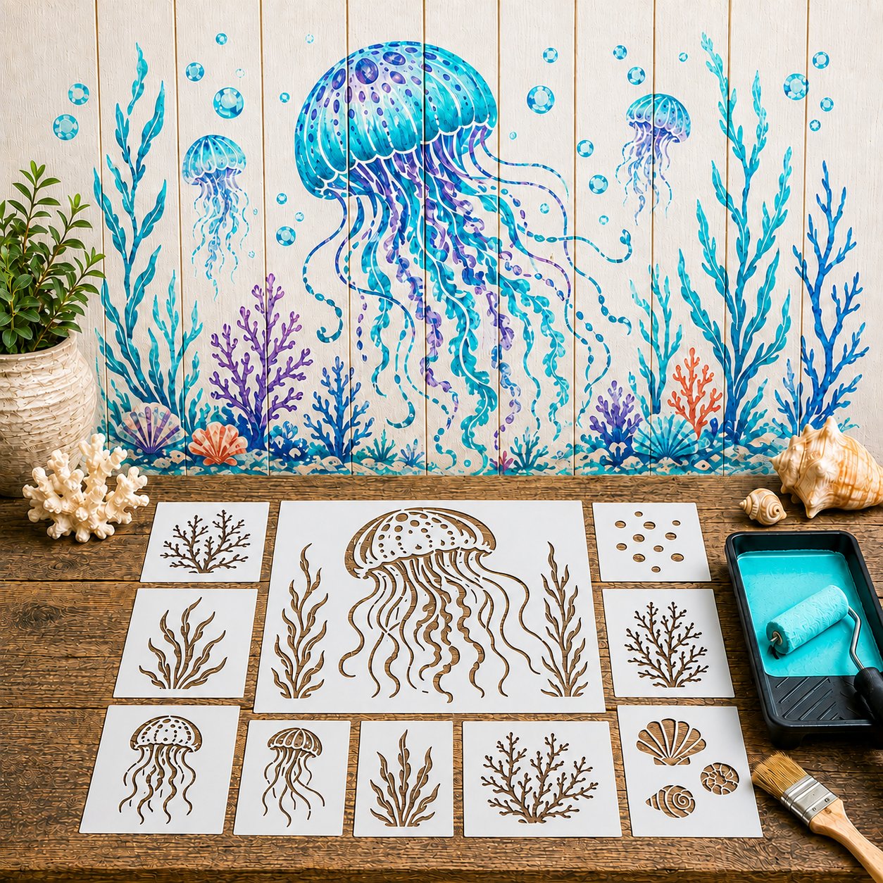 🔥 LAST DAY 49% OFF – 🐙Reusable Ocean Octopus Mural Stencil Set | Bring Plain Walls & Fences to Life with a Bold Underwater Scene 🌊🎨✨