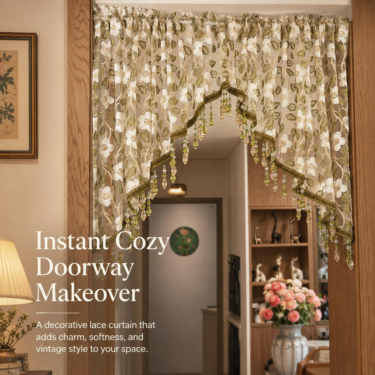 Embroidered Lace Doorway Curtain – Romantic Floral Beaded Sheer Panels