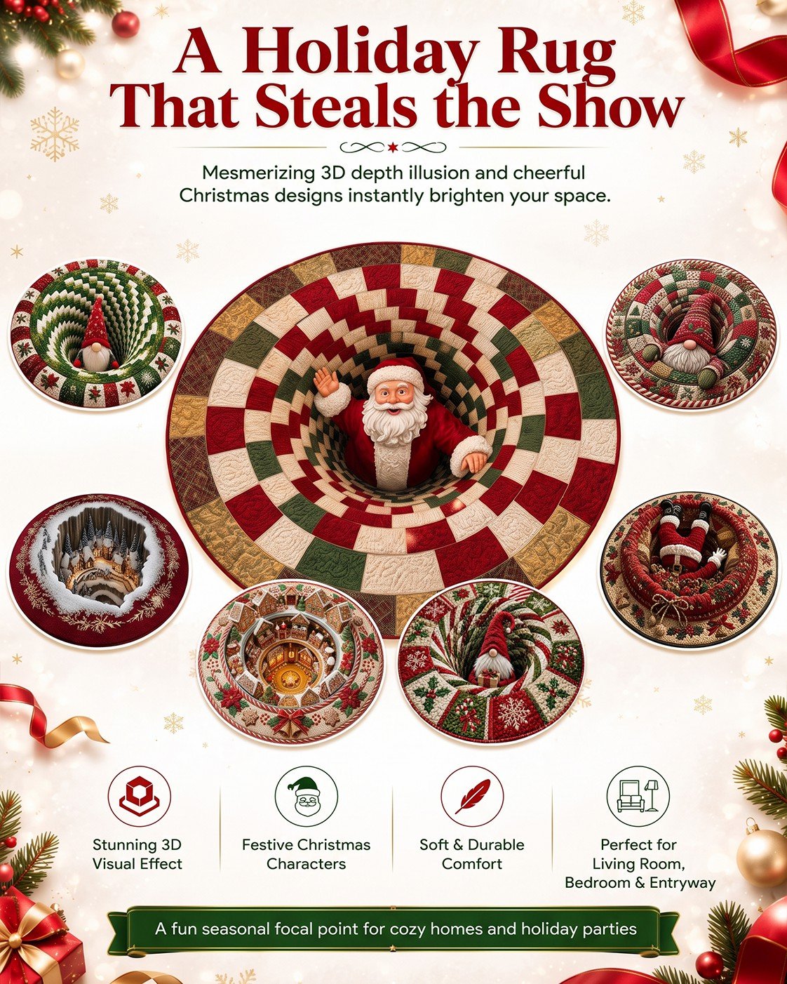 💯🎄3D Christmas Gnome Optical Illusion Round Rug | Fun Festive Home Decor Must‑Have⭐🏠🎁