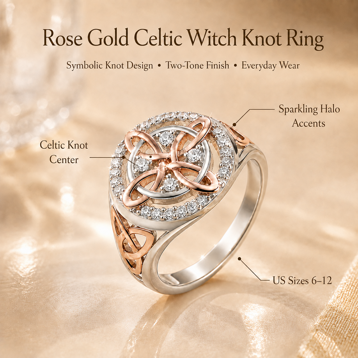 Two-Tone Celtic Knot Ring | Rose Gold & Silver Statement Ring with Sparkling Halo
