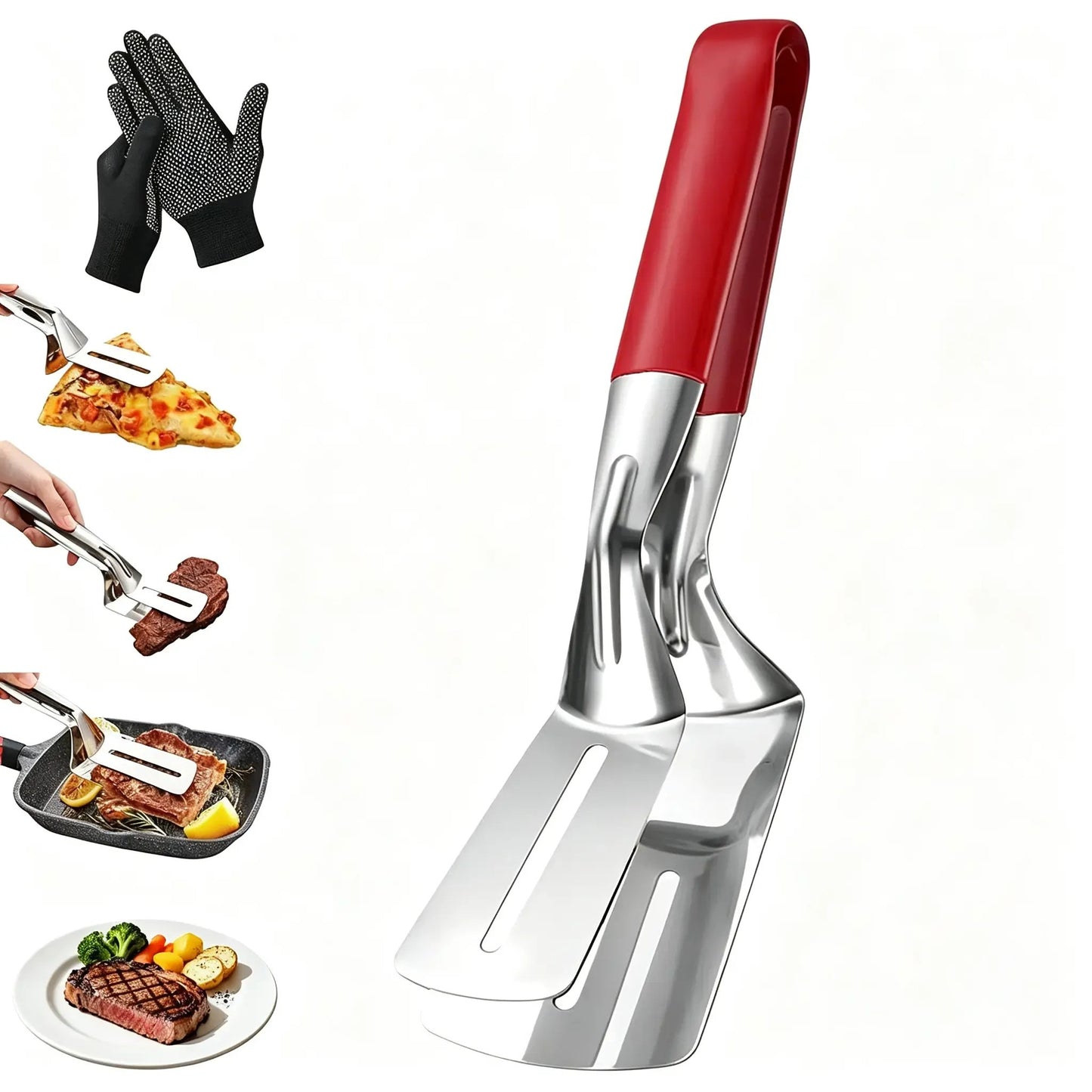 🔥Stainless Steel Kitchen Tongs, 3-in-1 BBQ Grill Tongs with Flipper & Turner, Multipurpose Cooking Tool for Steak Fish Meat
