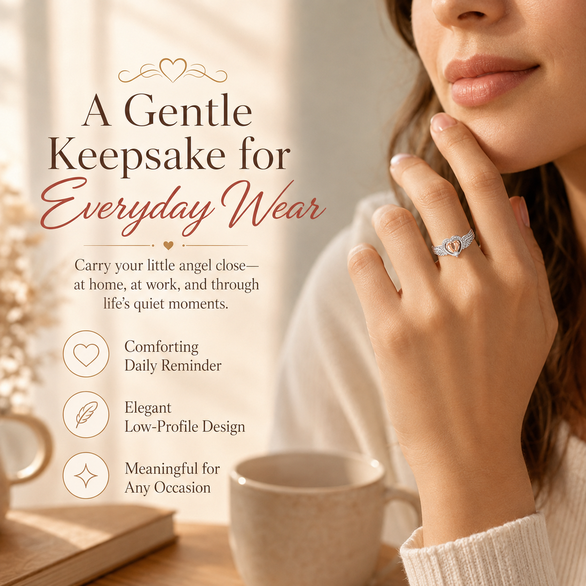 Mommy of an Angel Ring – Angel Wings & Baby Footprints Memorial Keepsake