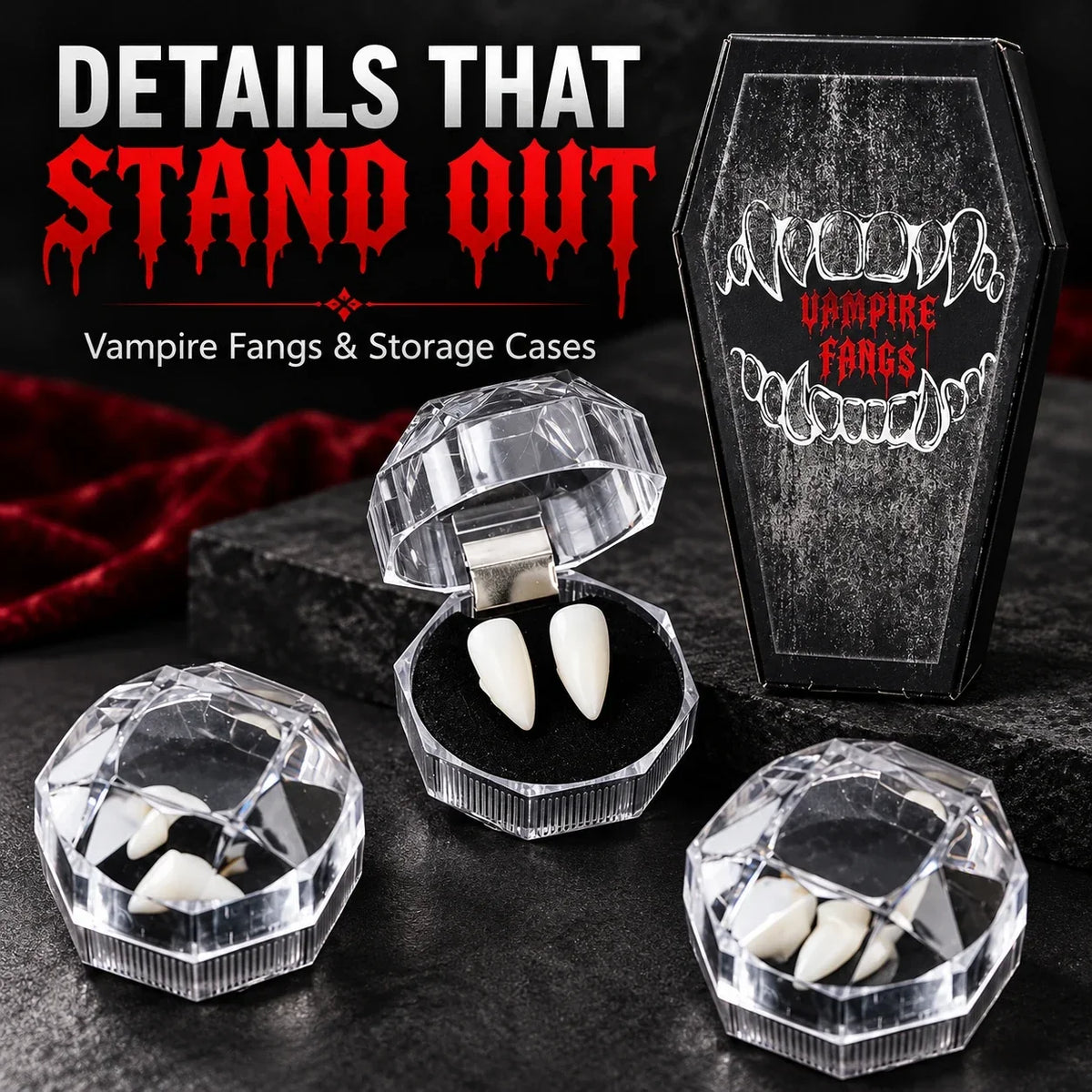 🦇 Your Vampire Look: 4-Size Ivory Fangs Kit & Coffin Box