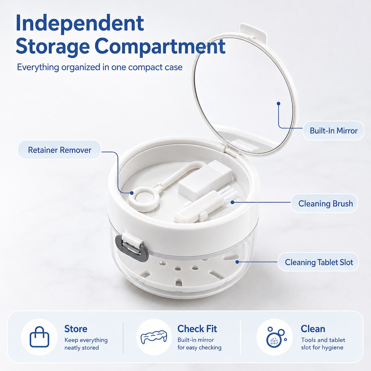 🦷✨3-in-1 Retainer Cleaning & Storage Case – Portable Leak-Resistant Soak Box with Drain Tray, Mirror & Cleaning Brush 🎁Buy 2 Free Shipping