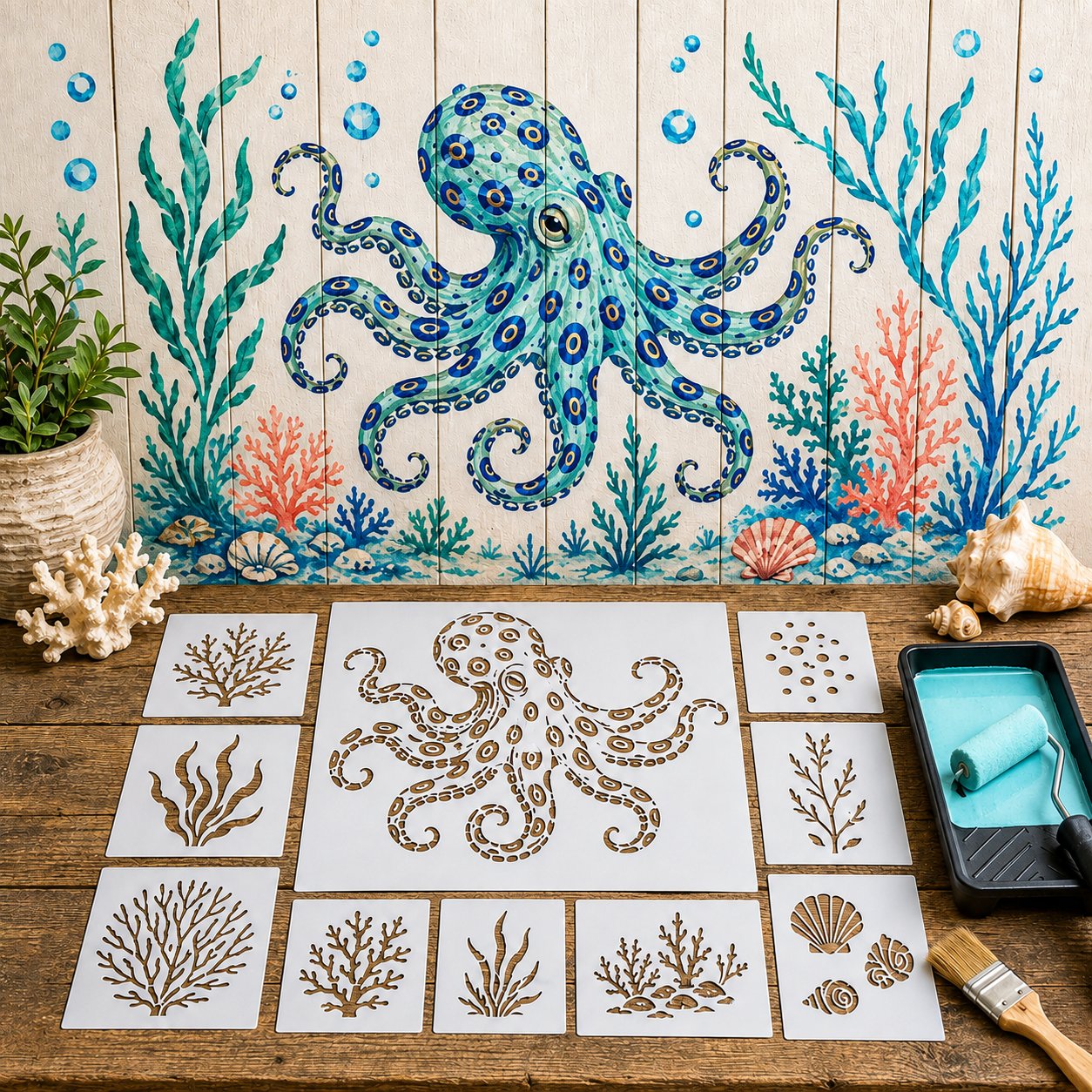 🔥 LAST DAY 49% OFF – 🐙Reusable Ocean Octopus Mural Stencil Set | Bring Plain Walls & Fences to Life with a Bold Underwater Scene 🌊🎨✨