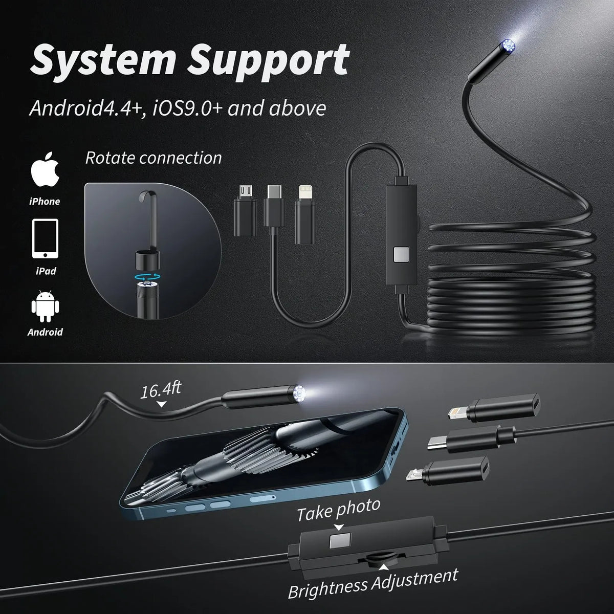 🔎 Plug-and-Play Endoscope Camera - Compatible with Android & iPhone & ipad for Direct Connection