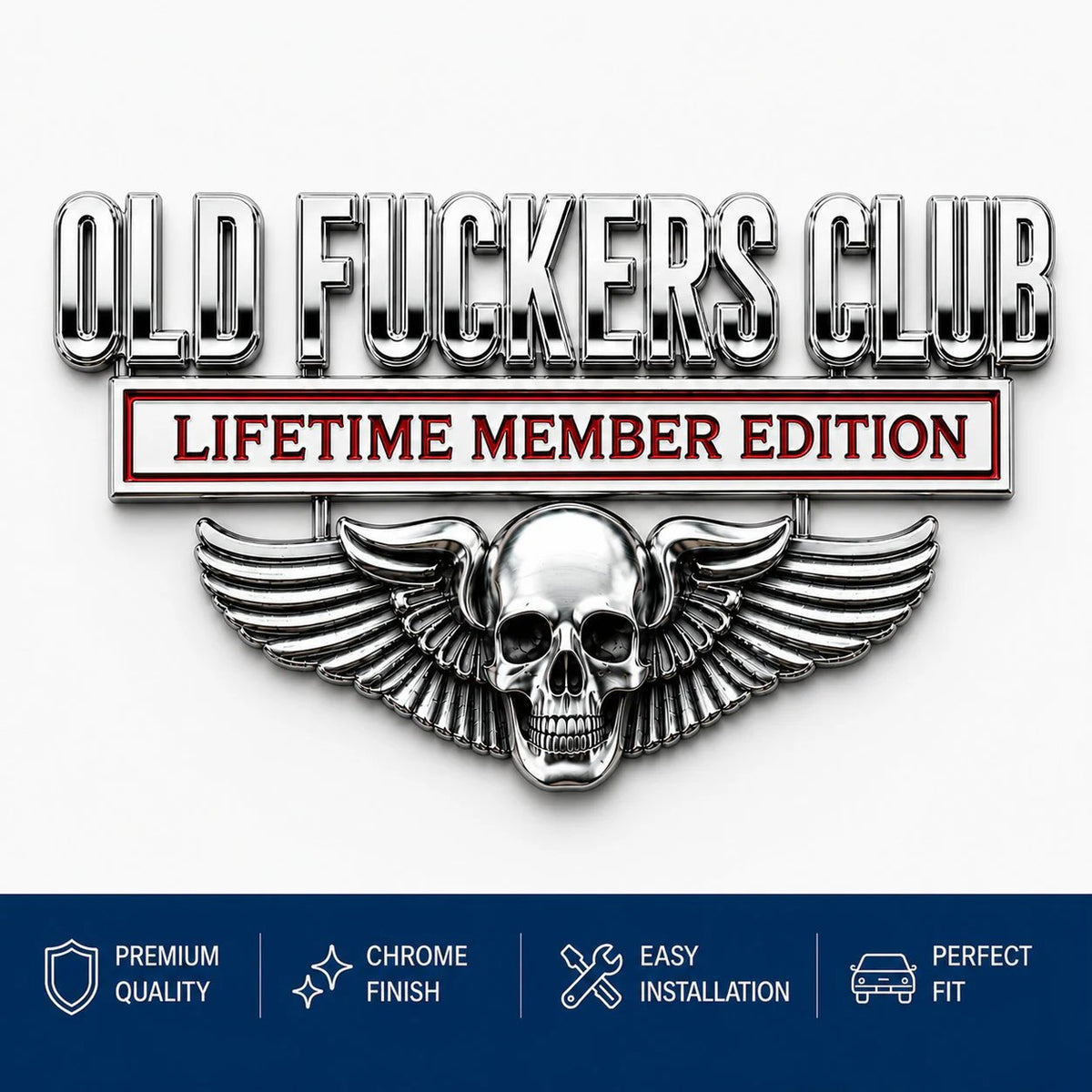 💀 OLD F*CKERS CLUB Metal Car Emblem | Chrome Peel-and-Stick Badge for Trucks, SUVs, Toolboxes & Garages 😎