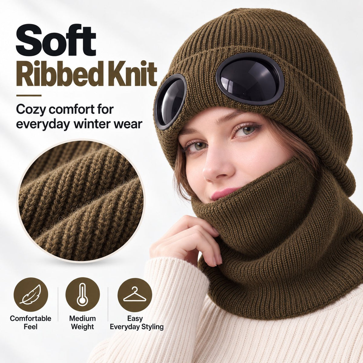❄️ Winter Ready · Ribbed Knit Balaclava Beanie with Goggle-Style Eye Panels 🥶
