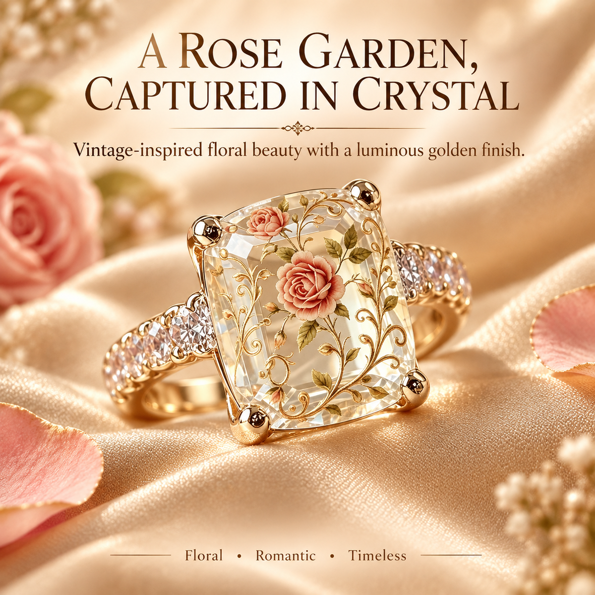 Vintage Rose Floral Crystal Statement Ring with Gold-Tone Band