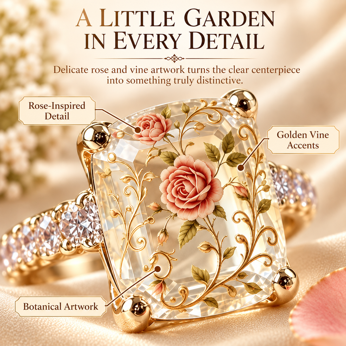 Vintage Rose Floral Crystal Statement Ring with Gold-Tone Band