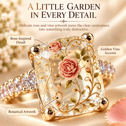 Vintage Rose Floral Crystal Statement Ring with Gold-Tone Band