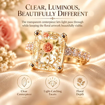 Vintage Rose Floral Crystal Statement Ring with Gold-Tone Band