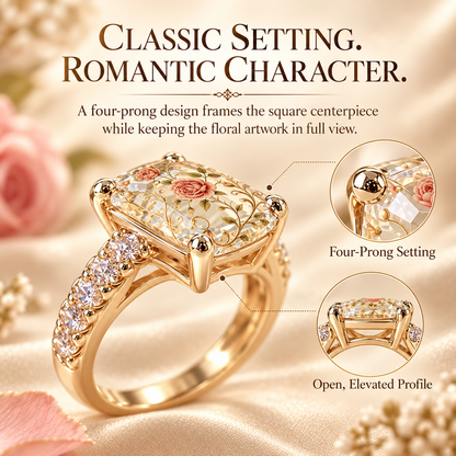 Vintage Rose Floral Crystal Statement Ring with Gold-Tone Band