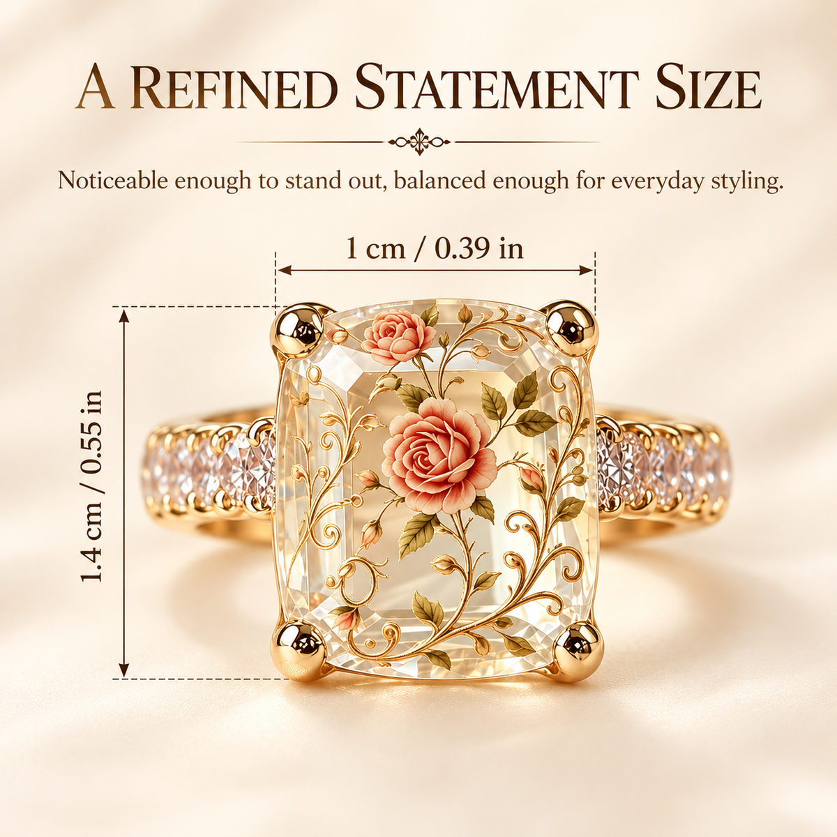 Vintage Rose Floral Crystal Statement Ring with Gold-Tone Band