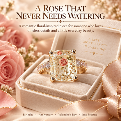 Vintage Rose Floral Crystal Statement Ring with Gold-Tone Band