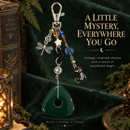 Vintage Mystic Cat & Dragonfly Keychain with Green Pendant Bag Charm