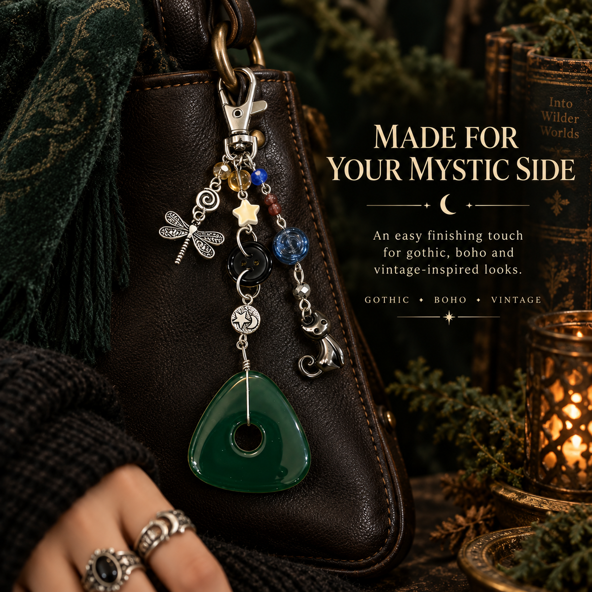 Vintage Mystic Cat & Dragonfly Keychain with Green Pendant Bag Charm