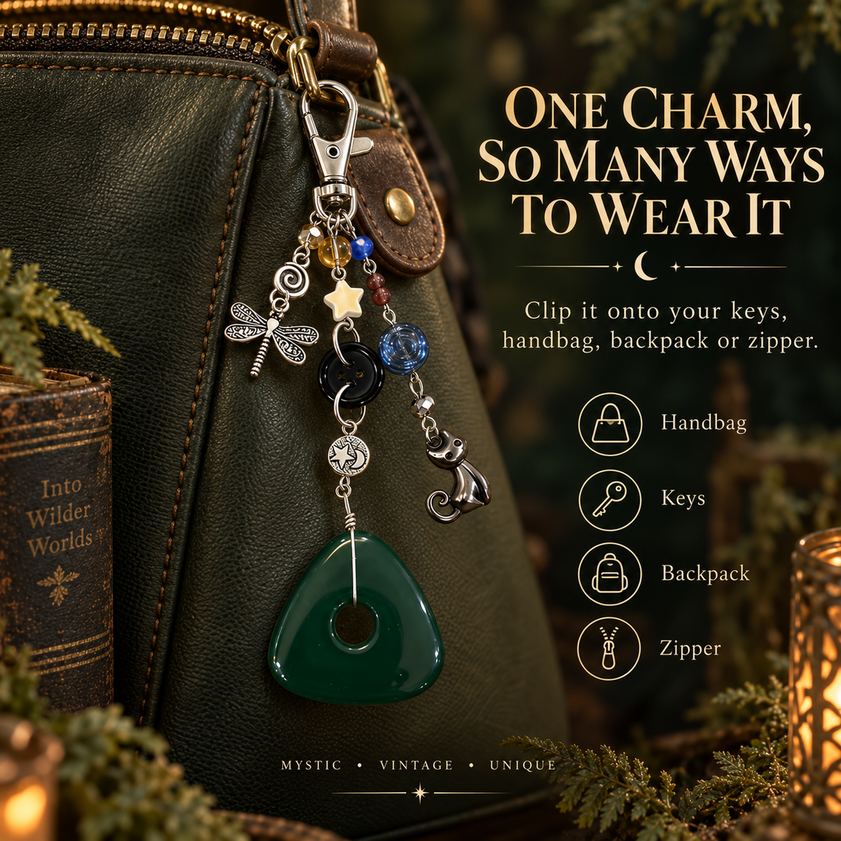 Vintage Mystic Cat & Dragonfly Keychain with Green Pendant Bag Charm