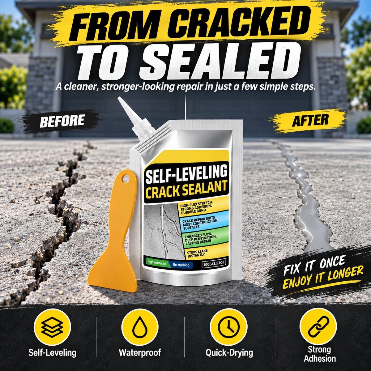 Self-Leveling Concrete Crack Sealant – Waterproof Quick-Drying Repair Filler with Scraper