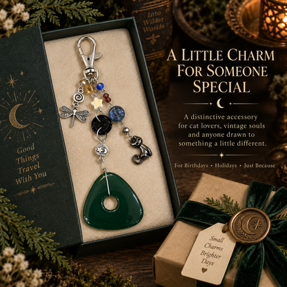 Vintage Mystic Cat & Dragonfly Keychain with Green Pendant Bag Charm