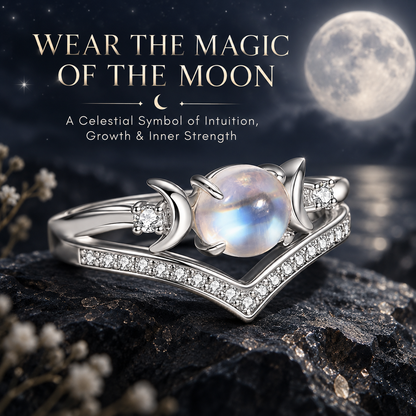 Triple Moon Moonstone-Inspired Ring Set – Silver-Tone Witchy Celestial Stackable Rings for Women