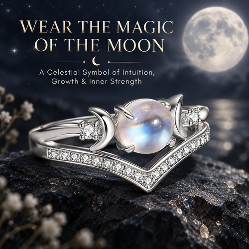 Triple Moon Moonstone-Inspired Ring Set – Silver-Tone Witchy Celestial Stackable Rings for Women