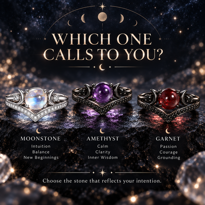 Triple Moon Moonstone-Inspired Ring Set – Silver-Tone Witchy Celestial Stackable Rings for Women