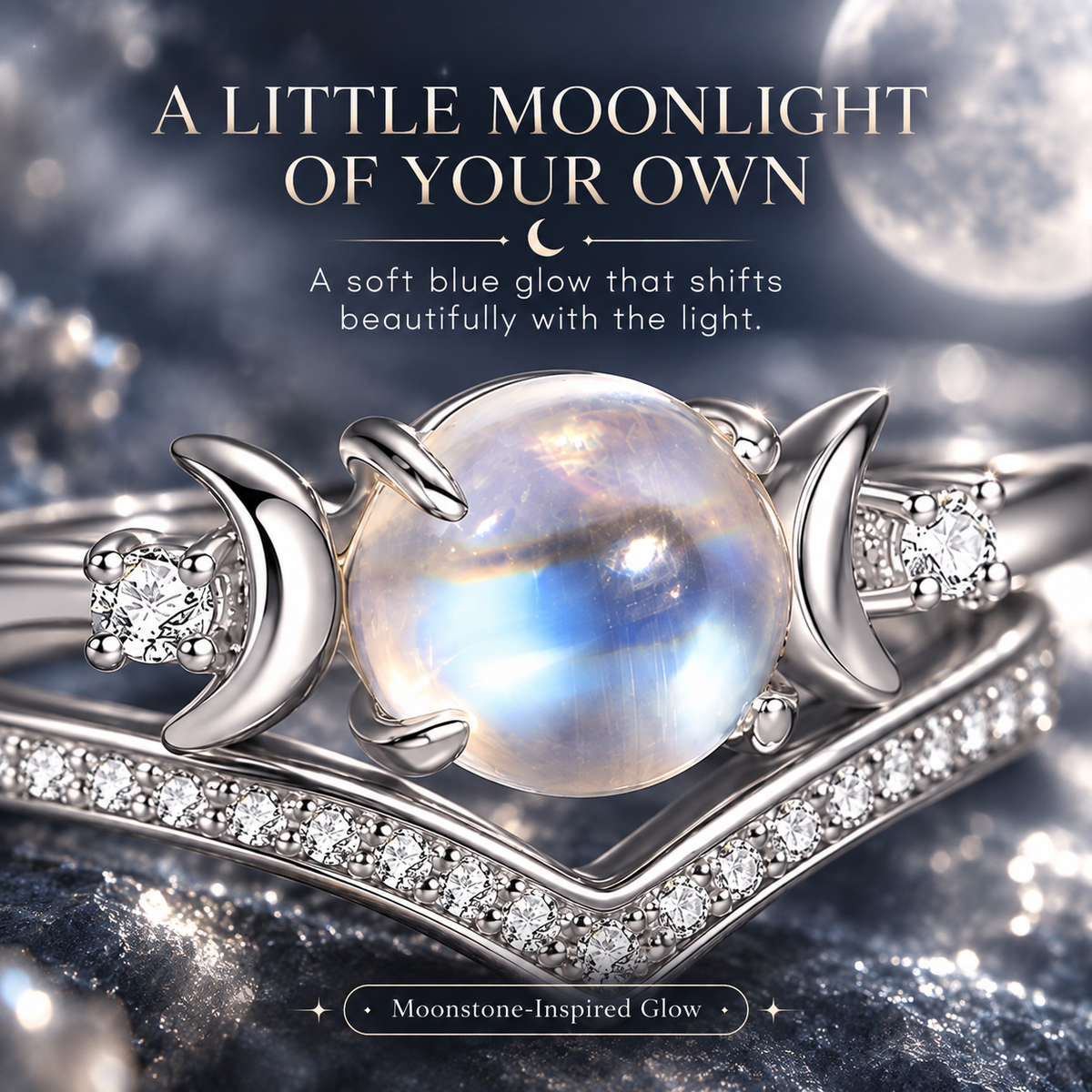 Triple Moon Moonstone-Inspired Ring Set – Silver-Tone Witchy Celestial Stackable Rings for Women