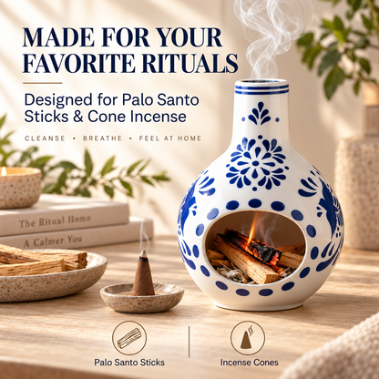 Ceramic Palo Santo Burner – Mini Chimenea Incense Holder & Ash Catcher